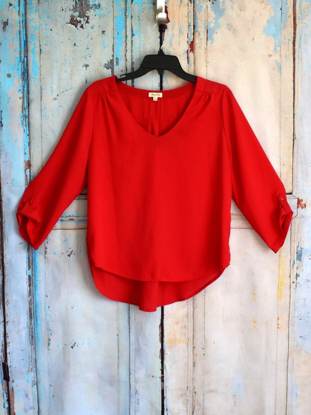 Women's Lily White Cuffed Sleeves Blouse V-Neck Long Sleeve LARGE Red